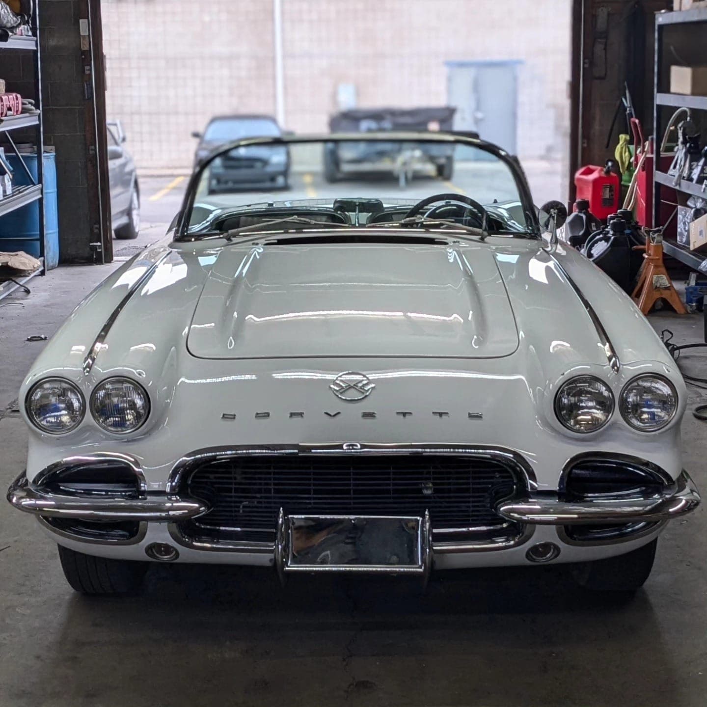 White 1962 C1 Corvette in the shop for a misfire and stalling diagnosis at Turbo Lab in Orem